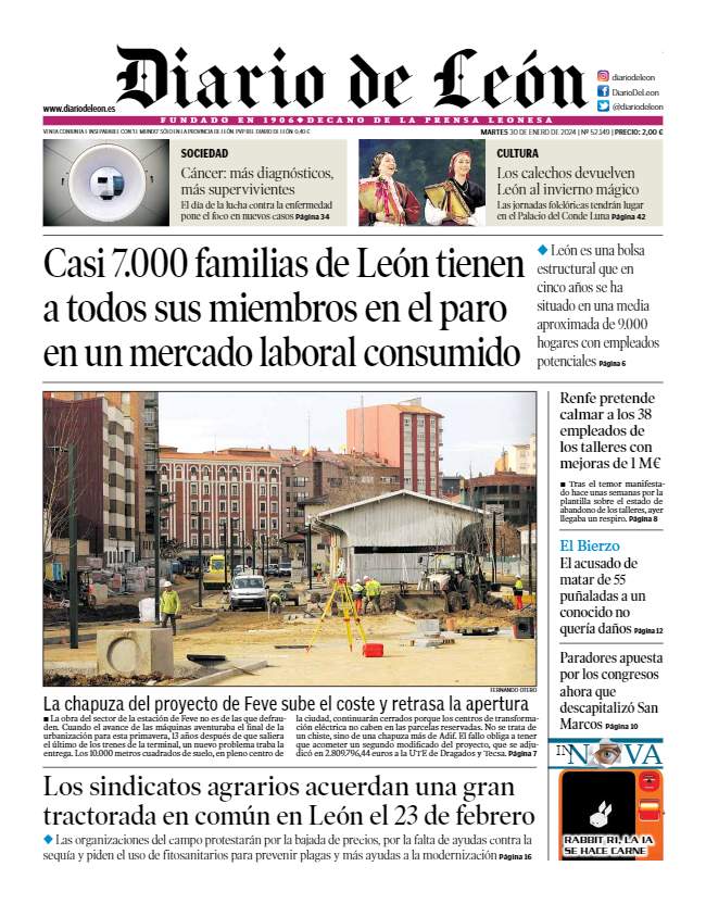 Portada de Diario de León del 30 de enero de 2024
